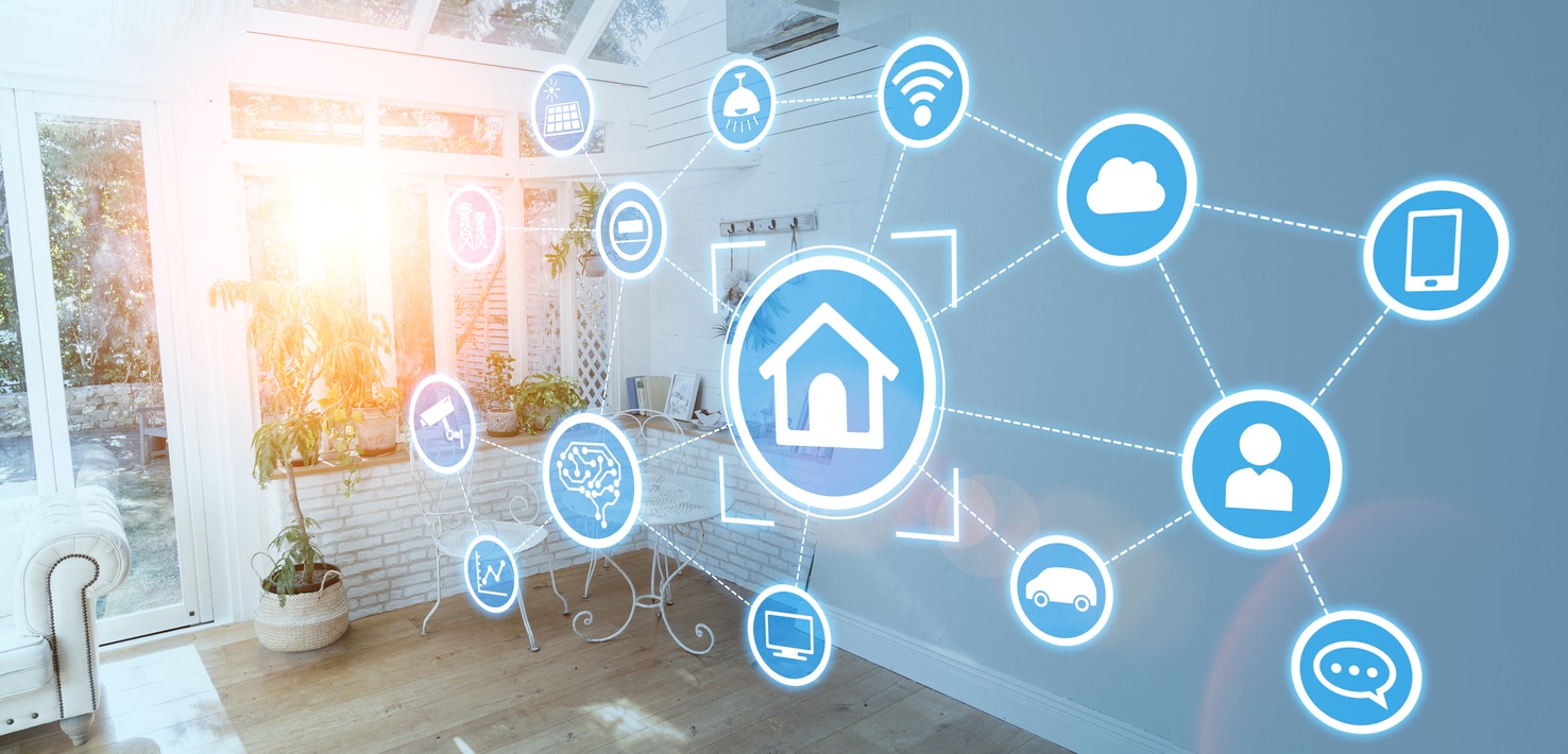 Image of room inside of a home with an overlay of home technology icons.