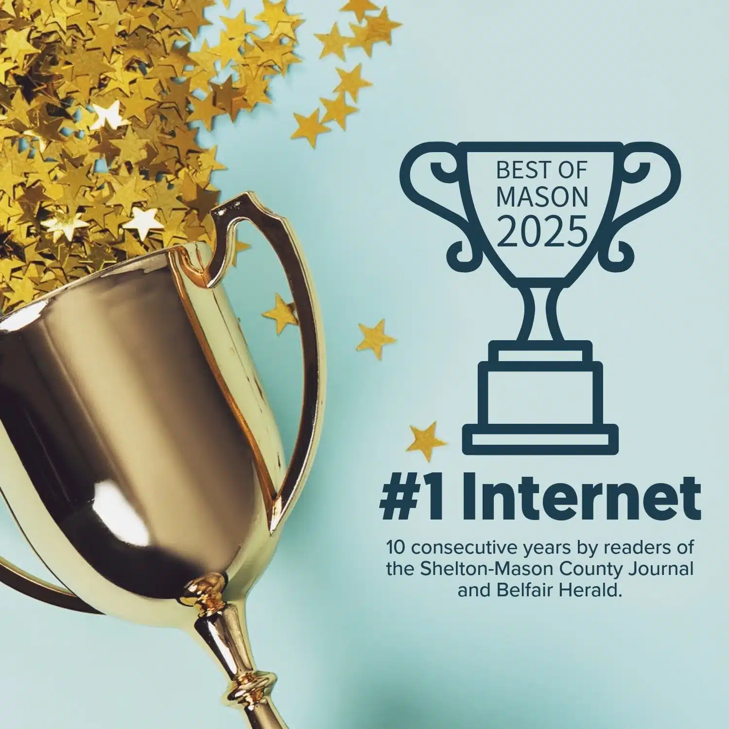 Image of trophy and gold stars to symbolize that HCC has been voted number one internet service in Mason County by readers of Journal and Belfair Herald.