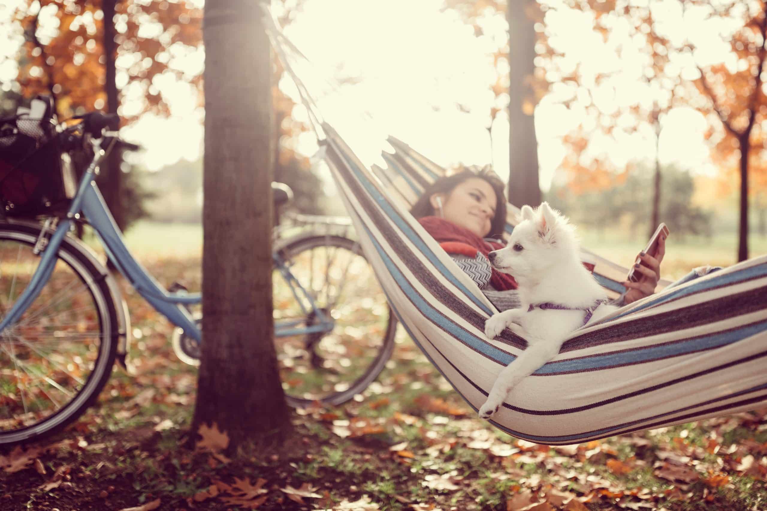 Girl in hammock relaxing and viewing device.