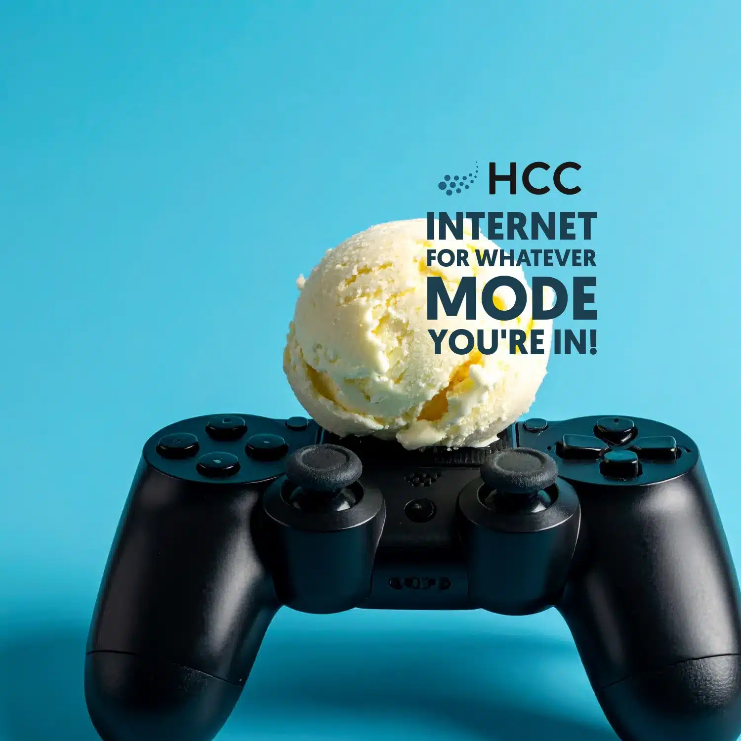 Image of video game controller with a scoop of vanilla ice cream on it to illustrate HCC's internet Ala mode campaign.