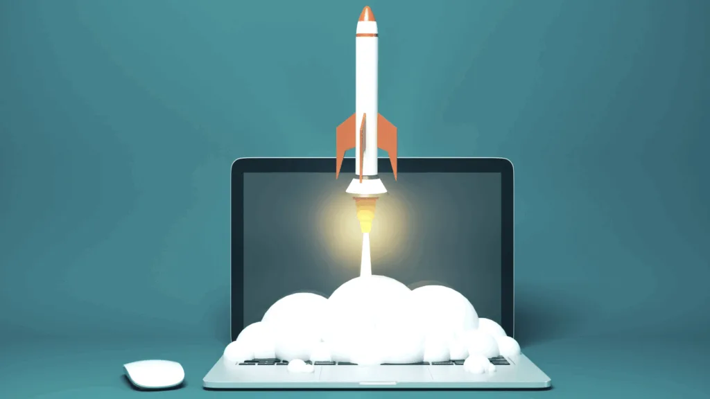 Illustration of rocket launching from laptop keyboard indicating fast speeds.