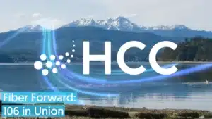 Image of the Hood Canal with light swoosh and words "Fiber Forward: 106 in Union".