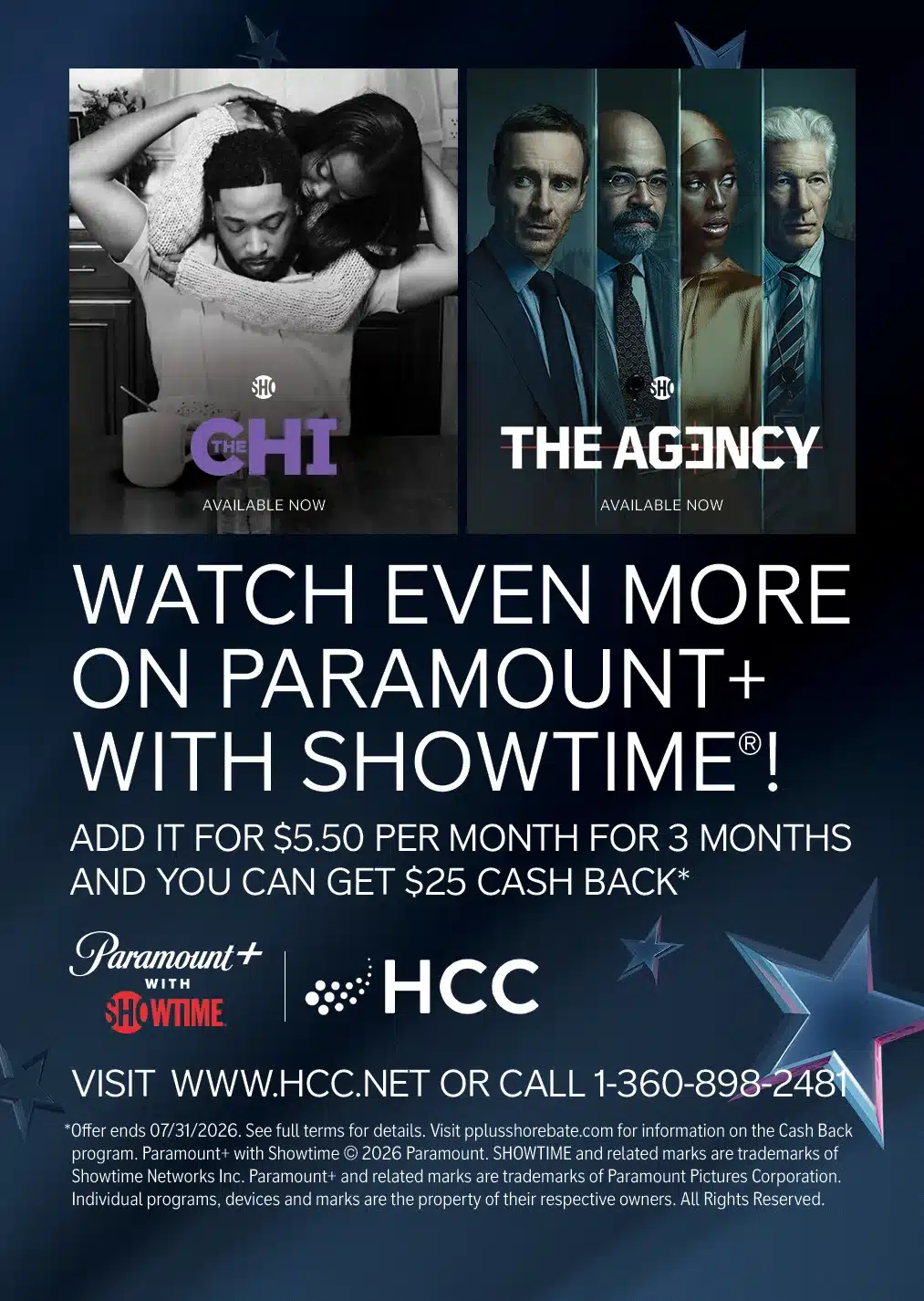 Image of programming available on Paramount+ with SHOWTIME and a promotion of $5.50 a month for three months with a $25 rebate.